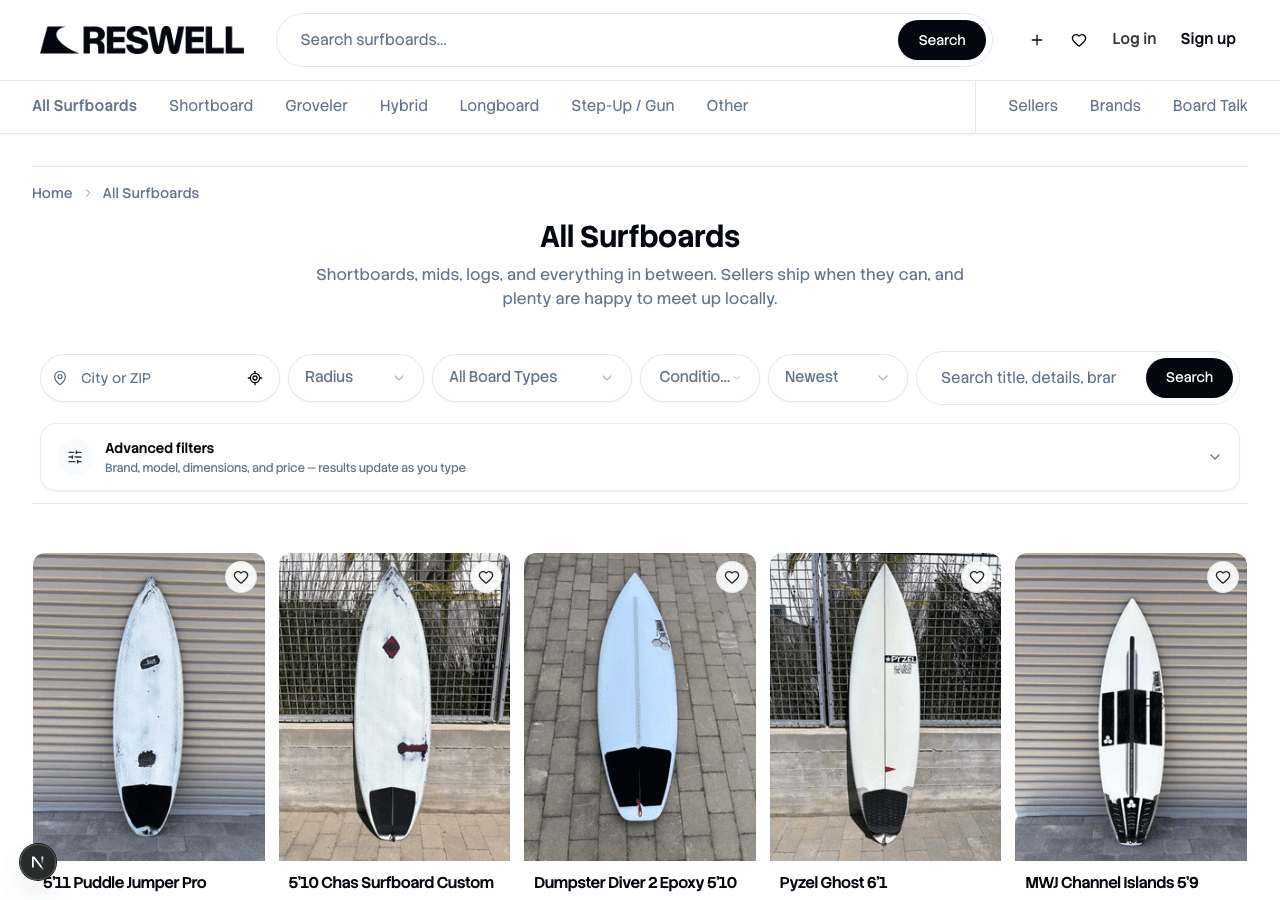 Surfboards browse page with filters and listing grid on Reswell
